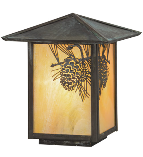 Meyda Lighting Winter Pine 10" Verdigris Outdoor Post Mount Light With Beige Iridescent Shade Glass