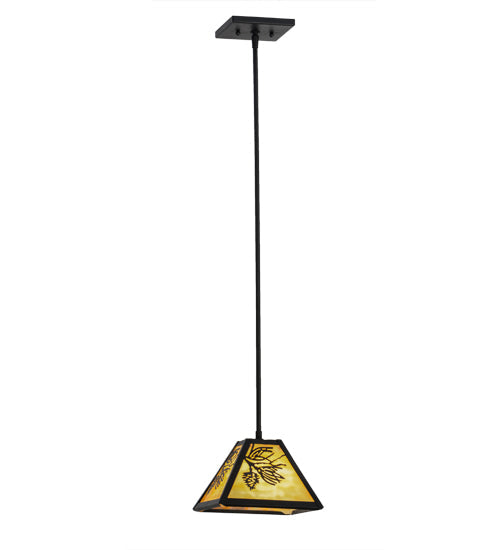 Meyda Lighting Winter Pine 12" Textured Black Mini Pendant Light With Beige Art Shade Glass