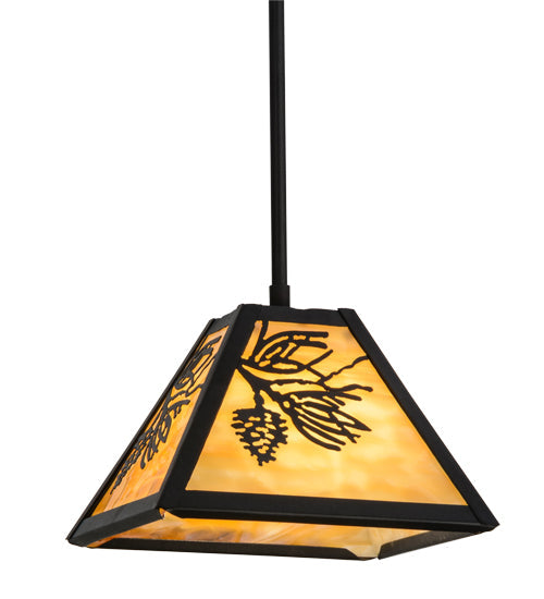 Meyda Lighting Winter Pine 12" Textured Black Mini Pendant Light With Beige Art Shade Glass
