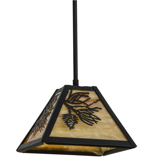 Meyda Lighting Winter Pine 12" Textured Black Mini Pendant Light With Beige Art Shade Glass