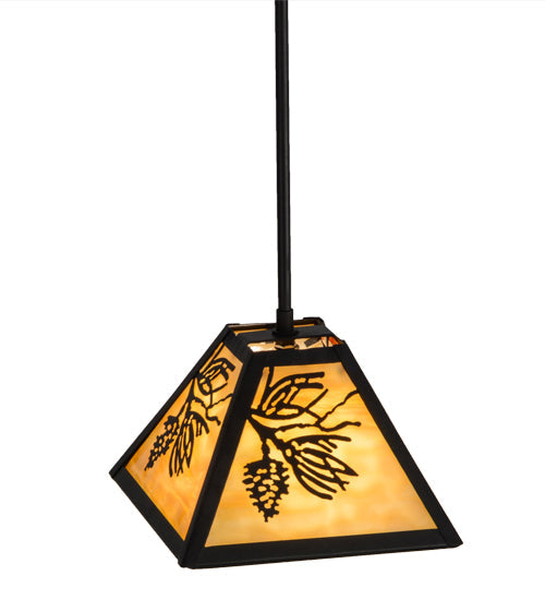 Meyda Lighting Winter Pine 12" Textured Black Mini Pendant Light With Beige Art Shade Glass