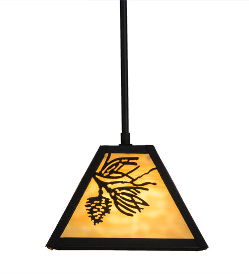Meyda Lighting Winter Pine 12" Textured Black Mini Pendant Light With Beige Art Shade Glass