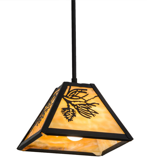 Meyda Lighting Winter Pine 12" Textured Black Mini Pendant Light With Beige Art Shade Glass