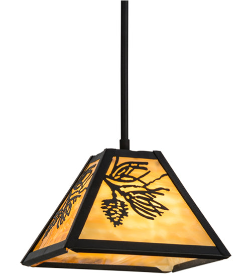 Meyda Lighting Winter Pine 12" Textured Black Mini Pendant Light With Beige Art Shade Glass