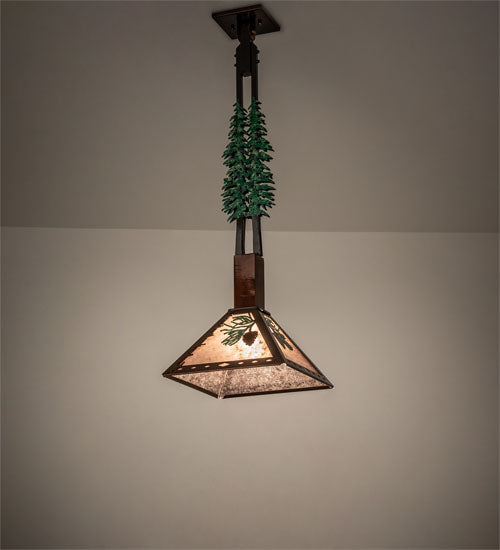 Meyda Lighting Winter Pine 12"Sq Vintage Copper & Oil Rubbed Bronze Tall Pines Pendant Light With Silver Mica Shade Glass