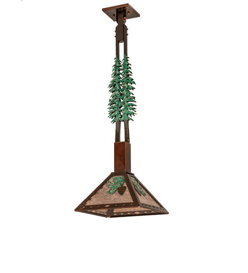 Meyda Lighting Winter Pine 12"Sq Vintage Copper & Oil Rubbed Bronze Tall Pines Pendant Light With Silver Mica Shade Glass