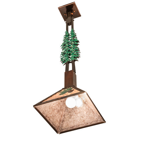 Meyda Lighting Winter Pine 12"Sq Vintage Copper & Oil Rubbed Bronze Tall Pines Pendant Light With Silver Mica Shade Glass