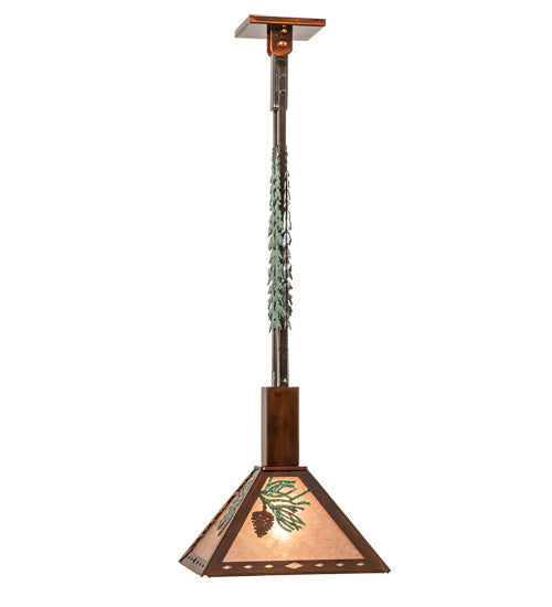 Meyda Lighting Winter Pine 12"Sq Vintage Copper & Oil Rubbed Bronze Tall Pines Pendant Light With Silver Mica Shade Glass