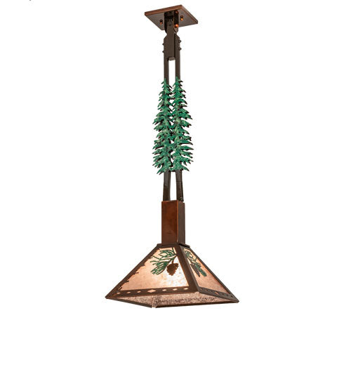 Meyda Lighting Winter Pine 12"Sq Vintage Copper & Oil Rubbed Bronze Tall Pines Pendant Light With Silver Mica Shade Glass