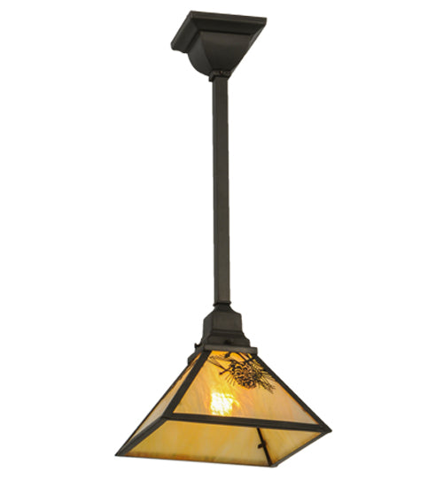 Meyda Lighting Winter Pine 13" Craftsman Brown Mini Pendant Light With Beige Iridescent Shade Glass