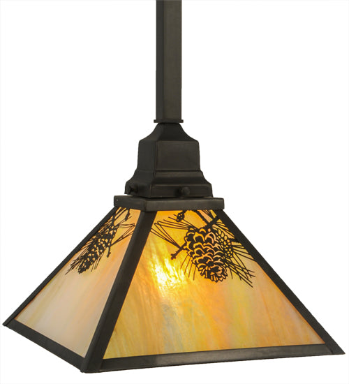 Meyda Lighting Winter Pine 13" Craftsman Brown Mini Pendant Light With Beige Iridescent Shade Glass