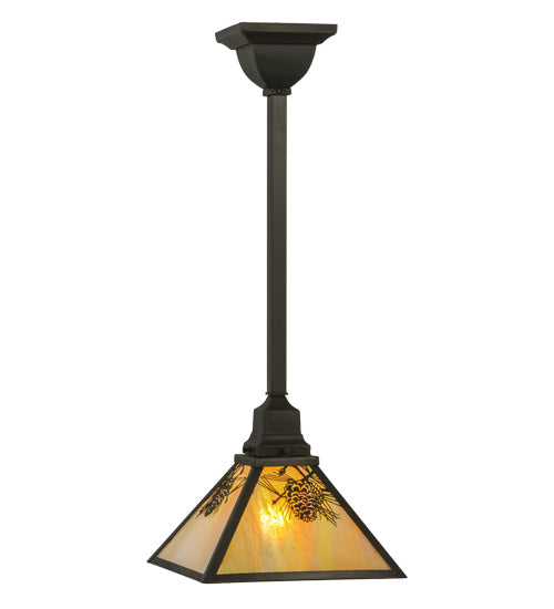Meyda Lighting Winter Pine 13" Craftsman Brown Mini Pendant Light With Beige Iridescent Shade Glass