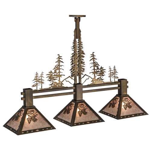 Meyda Lighting Winter Pine 152313 45" 3-Light Antique Copper Tall Pines Island Pendant Light With Silver Mica Shade Glass
