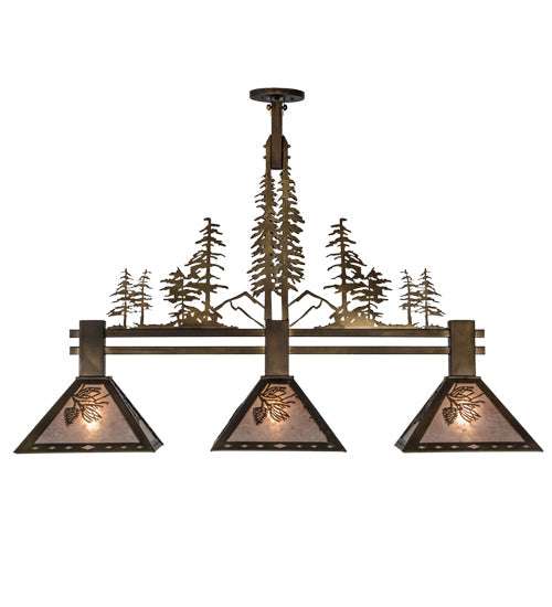 Meyda Lighting Winter Pine 152313 45" 3-Light Antique Copper Tall Pines Island Pendant Light With Silver Mica Shade Glass
