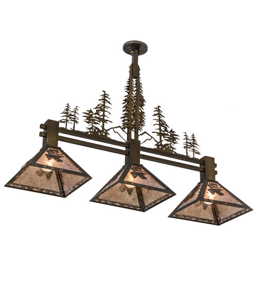 Meyda Lighting Winter Pine 152313 45" 3-Light Antique Copper Tall Pines Island Pendant Light With Silver Mica Shade Glass