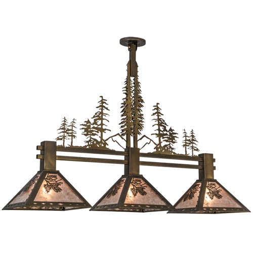 Meyda Lighting Winter Pine 152313 45" 3-Light Antique Copper Tall Pines Island Pendant Light With Silver Mica Shade Glass