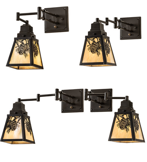 Meyda Lighting Winter Pine 16" Timeless Bronze Swing Arm Wall Sconce With Beige Iridescent Shade Glass