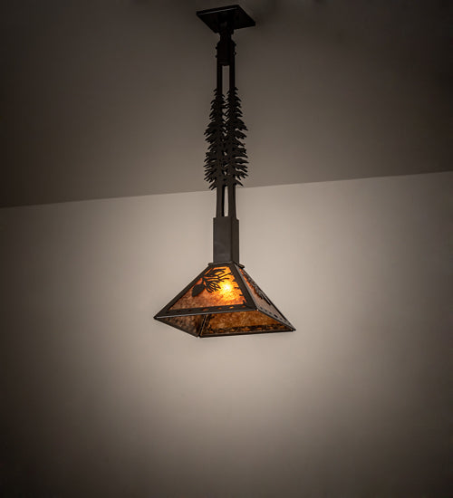 Meyda Lighting Winter Pine 16" Timeless Bronze Tall Pines Pendant Light With Amber Mica Shade Glass