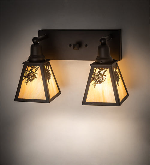 Meyda Lighting Winter Pine 17" 2-Light Oil Rubbed Bronze Vanity Light With Beige Iridescent Shade Glass