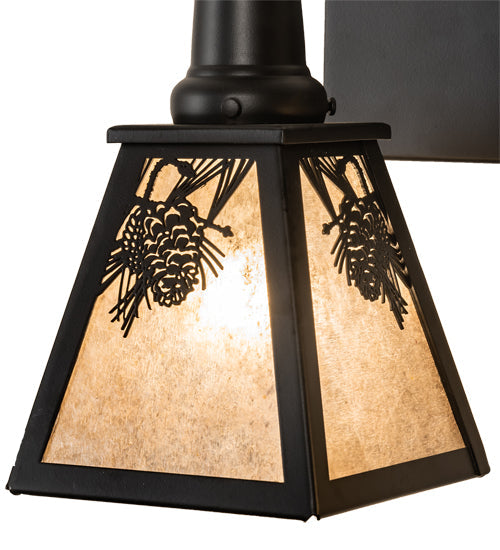 Meyda Lighting Winter Pine 17" 2-Light Satin Black Wrought Iron Vanity Light With Silver Mica Shade Glass