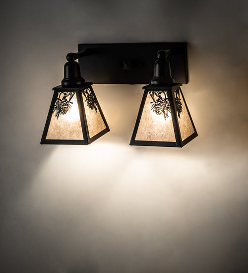 Meyda Lighting Winter Pine 17" 2-Light Satin Black Wrought Iron Vanity Light With Silver Mica Shade Glass