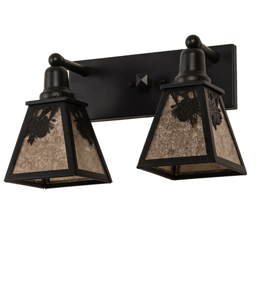 Meyda Lighting Winter Pine 17" 2-Light Satin Black Wrought Iron Vanity Light With Silver Mica Shade Glass