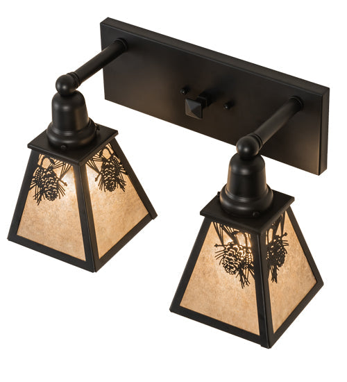 Meyda Lighting Winter Pine 17" 2-Light Satin Black Wrought Iron Vanity Light With Silver Mica Shade Glass