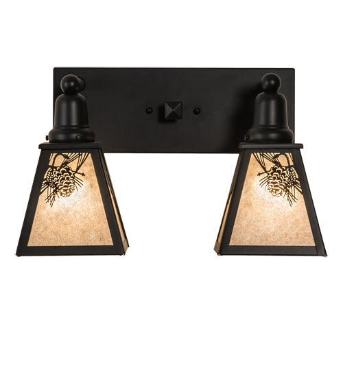 Meyda Lighting Winter Pine 17" 2-Light Satin Black Wrought Iron Vanity Light With Silver Mica Shade Glass