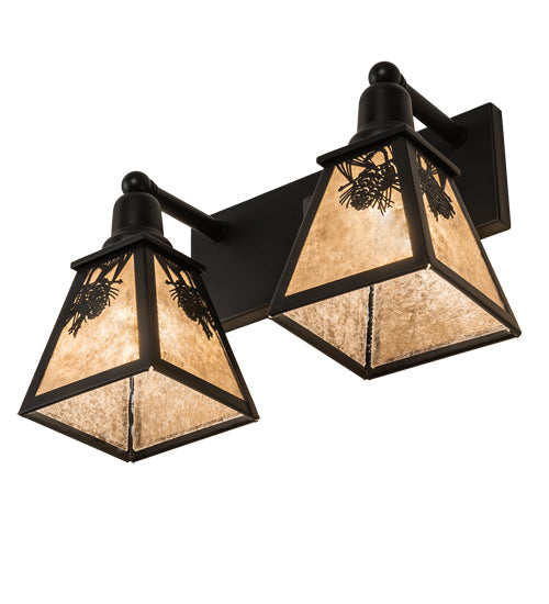 Meyda Lighting Winter Pine 17" 2-Light Satin Black Wrought Iron Vanity Light With Silver Mica Shade Glass