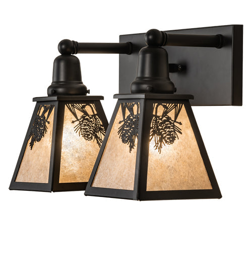 Meyda Lighting Winter Pine 17" 2-Light Satin Black Wrought Iron Vanity Light With Silver Mica Shade Glass