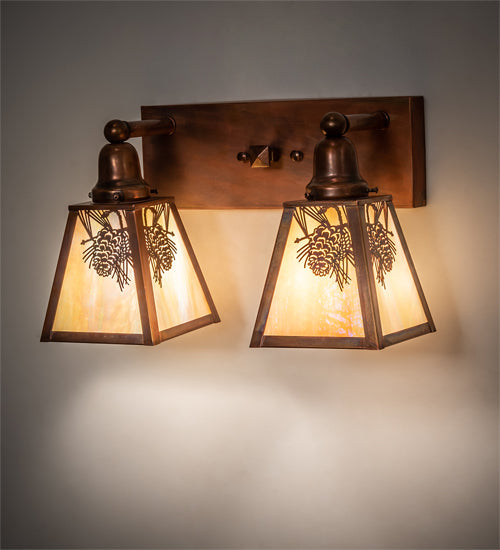 Meyda Lighting Winter Pine 17" 2-Light Vintage Copper Vanity Light With Beige Iridescent Shade Glass