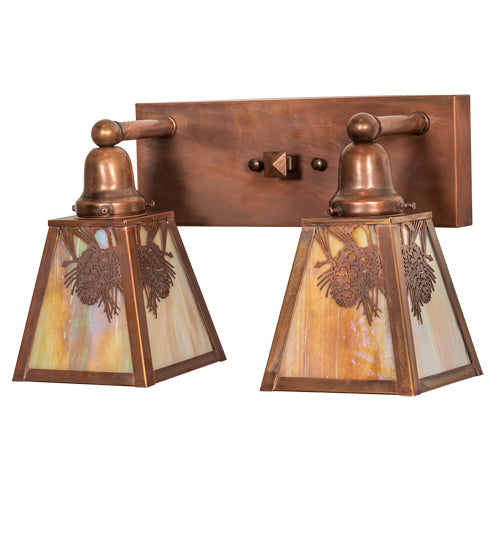 Meyda Lighting Winter Pine 17" 2-Light Vintage Copper Vanity Light With Beige Iridescent Shade Glass