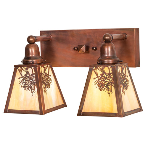 Meyda Lighting Winter Pine 17" 2-Light Vintage Copper Vanity Light With Beige Iridescent Shade Glass