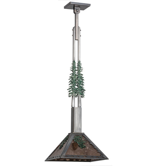 Meyda Lighting Winter Pine 17" Industrial Steel & Rust Tall Pines Pendant Light With Silver Mica Shade Glass