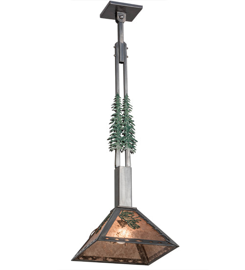 Meyda Lighting Winter Pine 17" Industrial Steel & Rust Tall Pines Pendant Light With Silver Mica Shade Glass