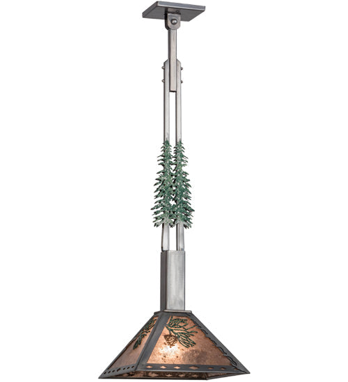 Meyda Lighting Winter Pine 17" Industrial Steel & Rust Tall Pines Pendant Light With Silver Mica Shade Glass