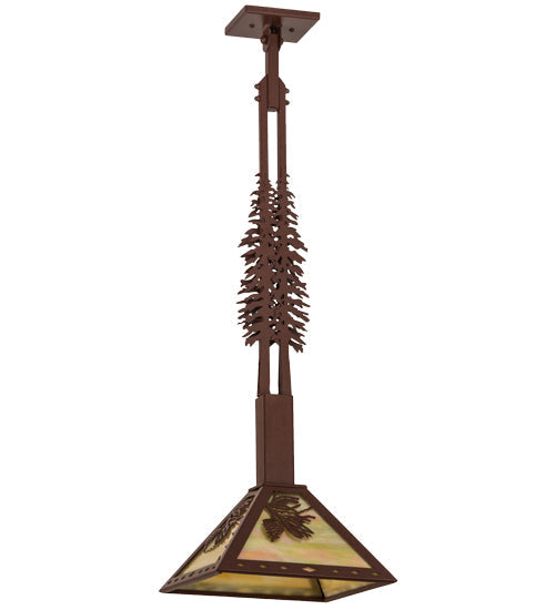 Meyda Lighting Winter Pine 17" Rust Tall Pines Pendant Light With Beige Iridescent Shade Glass