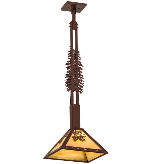 Meyda Lighting Winter Pine 17" Rust Tall Pines Pendant Light With Beige Iridescent Shade Glass