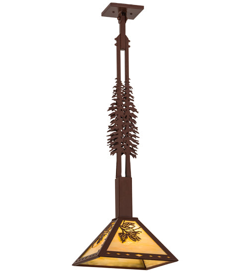 Meyda Lighting Winter Pine 17" Rust Tall Pines Pendant Light With Beige Iridescent Shade Glass