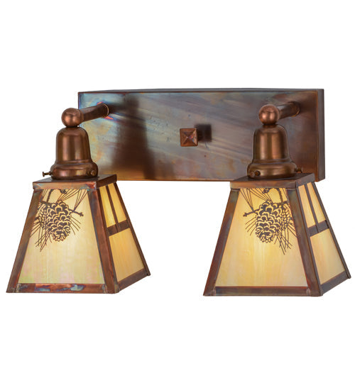 Meyda Lighting Winter Pine 18" 2-Light Vintage Copper Vanity Light With Beige Iridescent Shade Glass