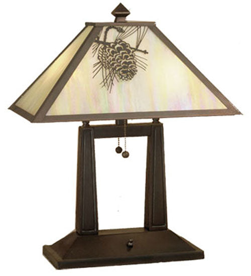 Meyda Lighting Winter Pine 20" 2-Light Craftsman Brown Table Lamp With Beige Art Shade Glass