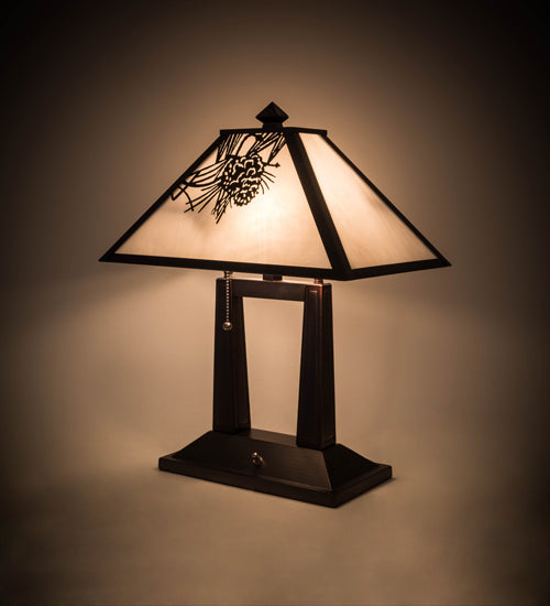 Meyda Lighting Winter Pine 20" 2-Light Craftsman Brown Table Lamp With White Art Shade Glass