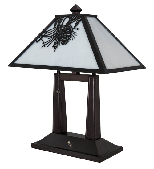 Meyda Lighting Winter Pine 20" 2-Light Craftsman Brown Table Lamp With White Art Shade Glass
