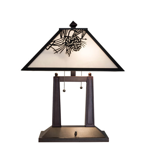 Meyda Lighting Winter Pine 20" 2-Light Craftsman Brown Table Lamp With White Art Shade Glass