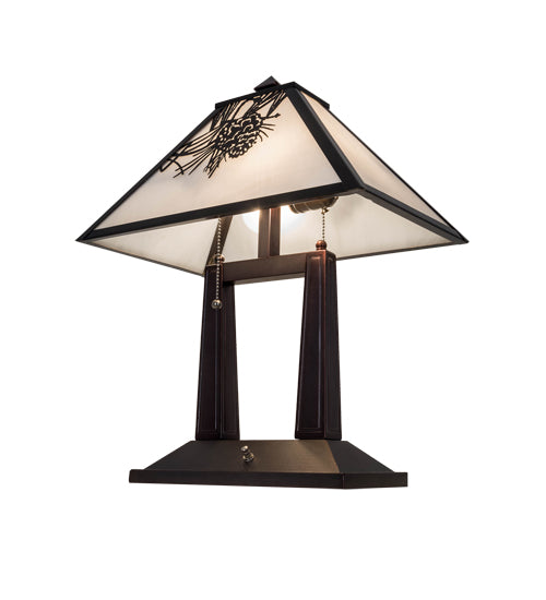 Meyda Lighting Winter Pine 20" 2-Light Craftsman Brown Table Lamp With White Art Shade Glass