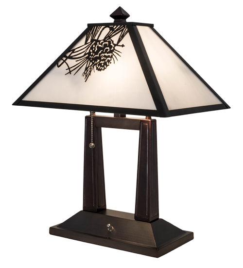 Meyda Lighting Winter Pine 20" 2-Light Craftsman Brown Table Lamp With White Art Shade Glass