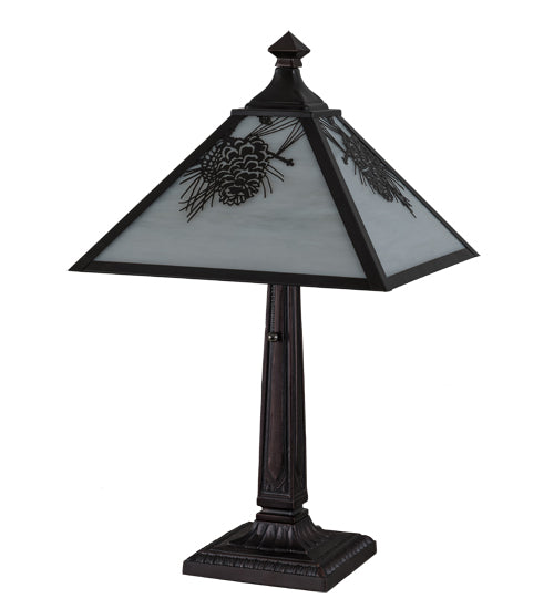 Meyda Lighting Winter Pine 22" Craftsman Brown Table Lamp With White Art Shade Glass