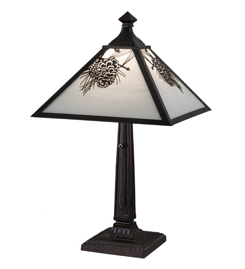 Meyda Lighting Winter Pine 22" Craftsman Brown Table Lamp With White Art Shade Glass