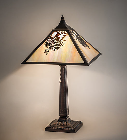 Meyda Lighting Winter Pine 23" Craftsman Brown Mission Table Lamp With Beige Iridescent Shade Glass