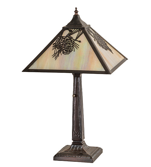Meyda Lighting Winter Pine 23" Craftsman Brown Mission Table Lamp With Beige Iridescent Shade Glass